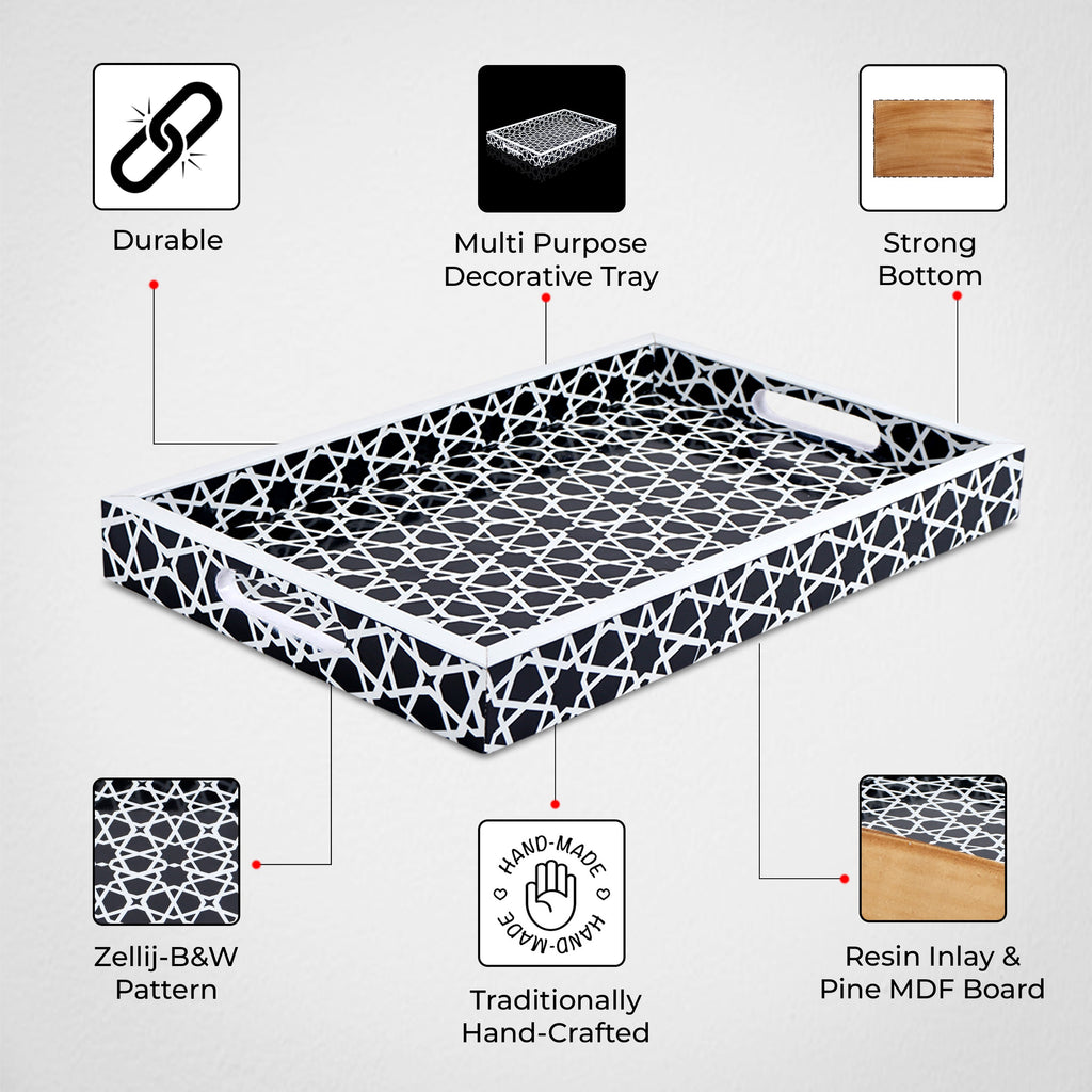 Decorative Tray Zellij Grande Black & White Resin Inlay, 11" × 17", 12" × 12"