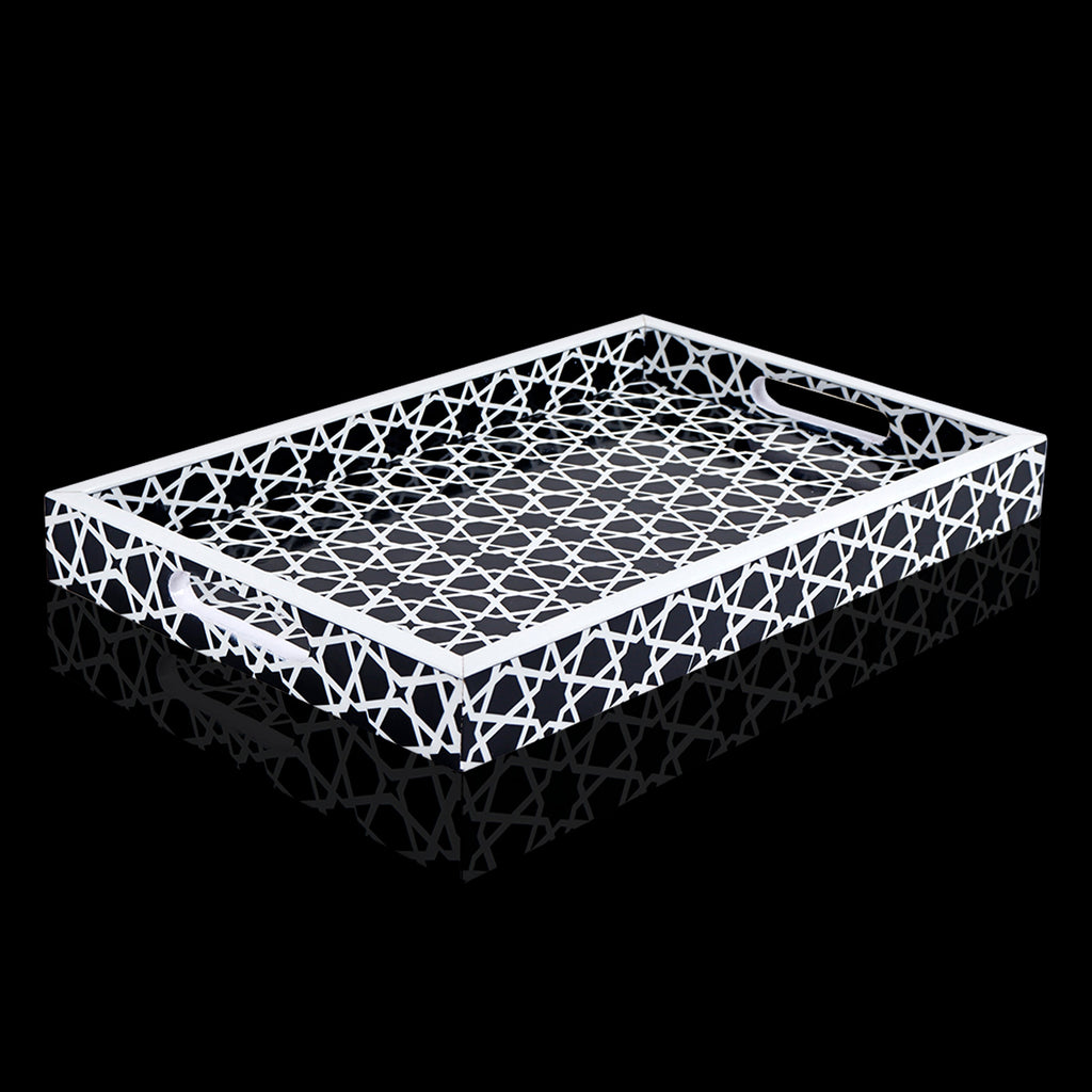 Decorative Tray Zellij Grande Black & White Resin Inlay, 11" × 17", 12" × 12"