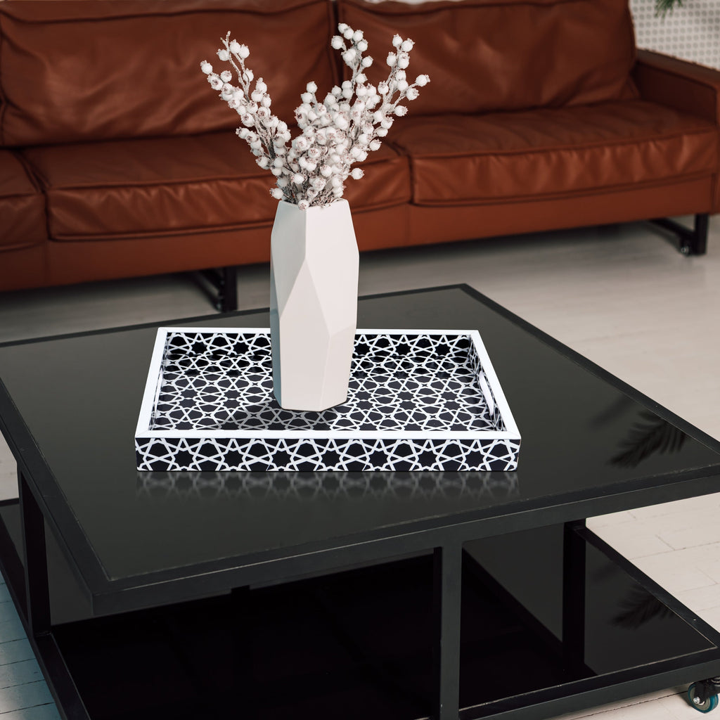 Decorative Tray Zellij Grande Black & White Resin Inlay, 11" × 17", 12" × 12"