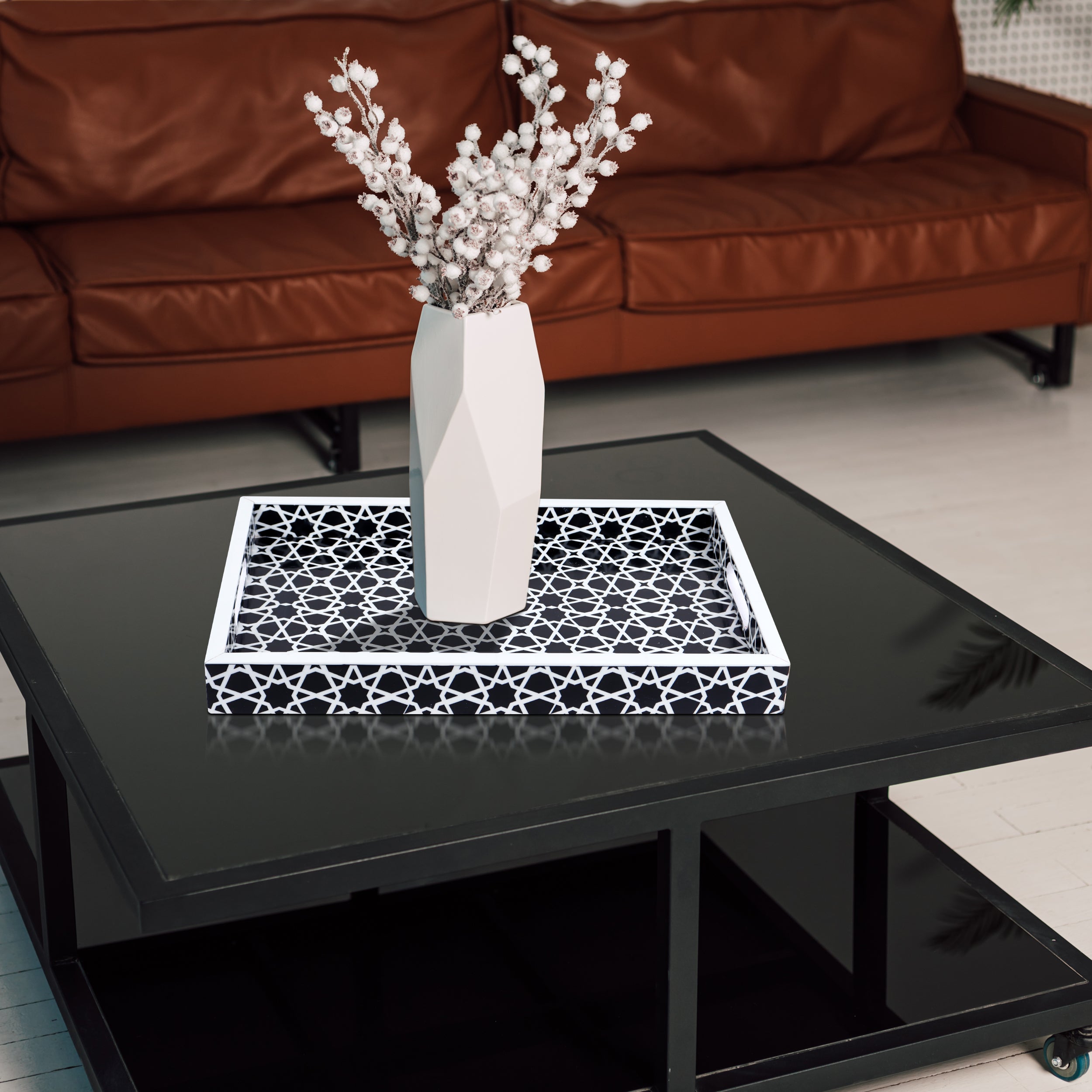 Decorative Tray Zellij Grande Black & White Resin Inlay, 11" × 17", 12" × 12"