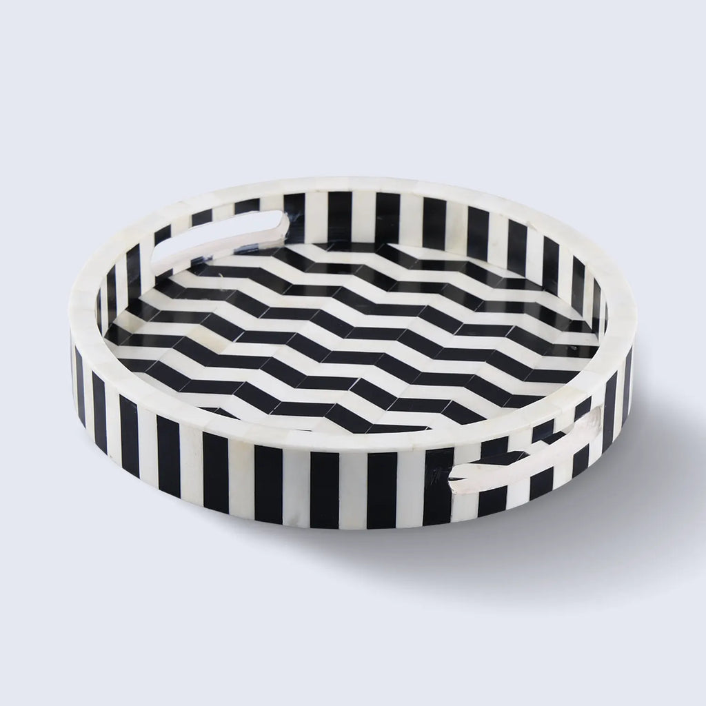 Athens Dinami Round Bone Resin Inlay Decorative Tray B&W 12"
