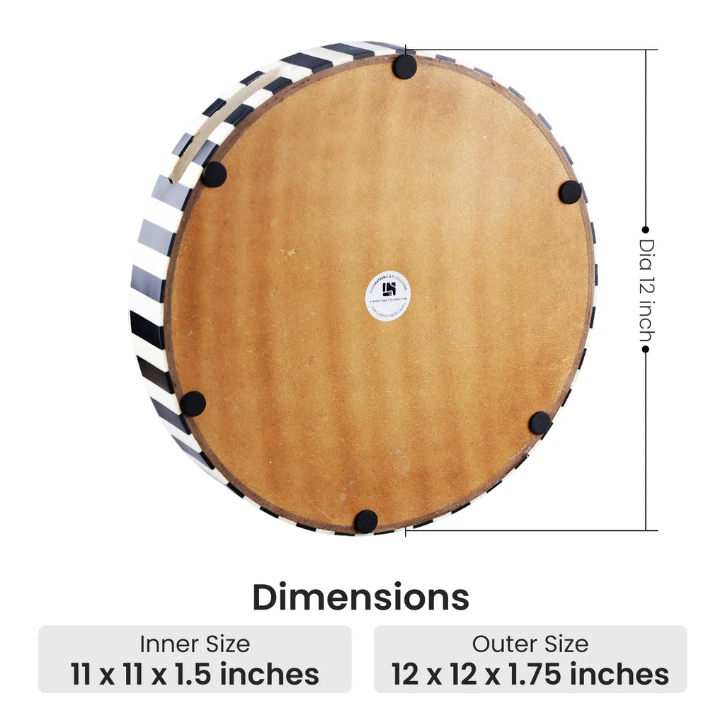 Athens Dinami Round Bone Resin Inlay Decorative Tray B&W 12"