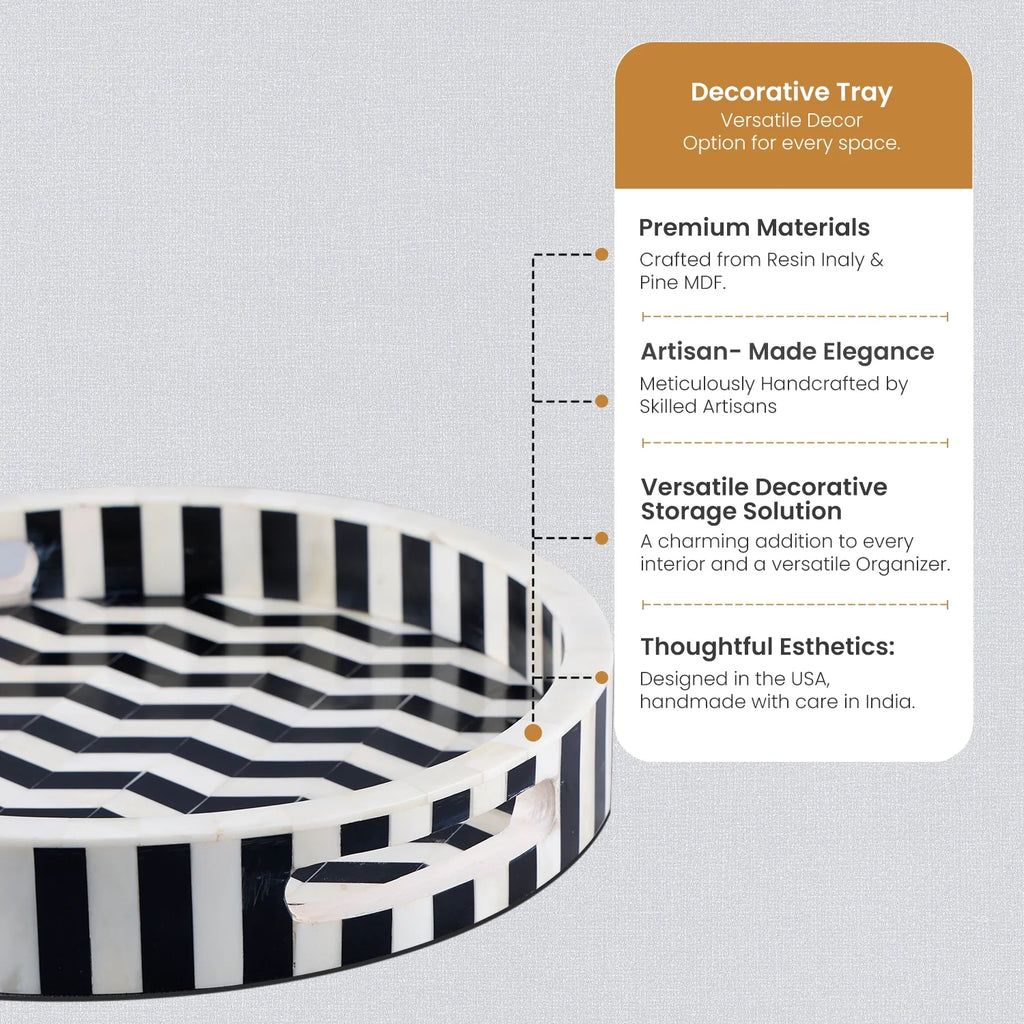 Athens Dinami Round Bone Resin Inlay Decorative Tray B&W 12"