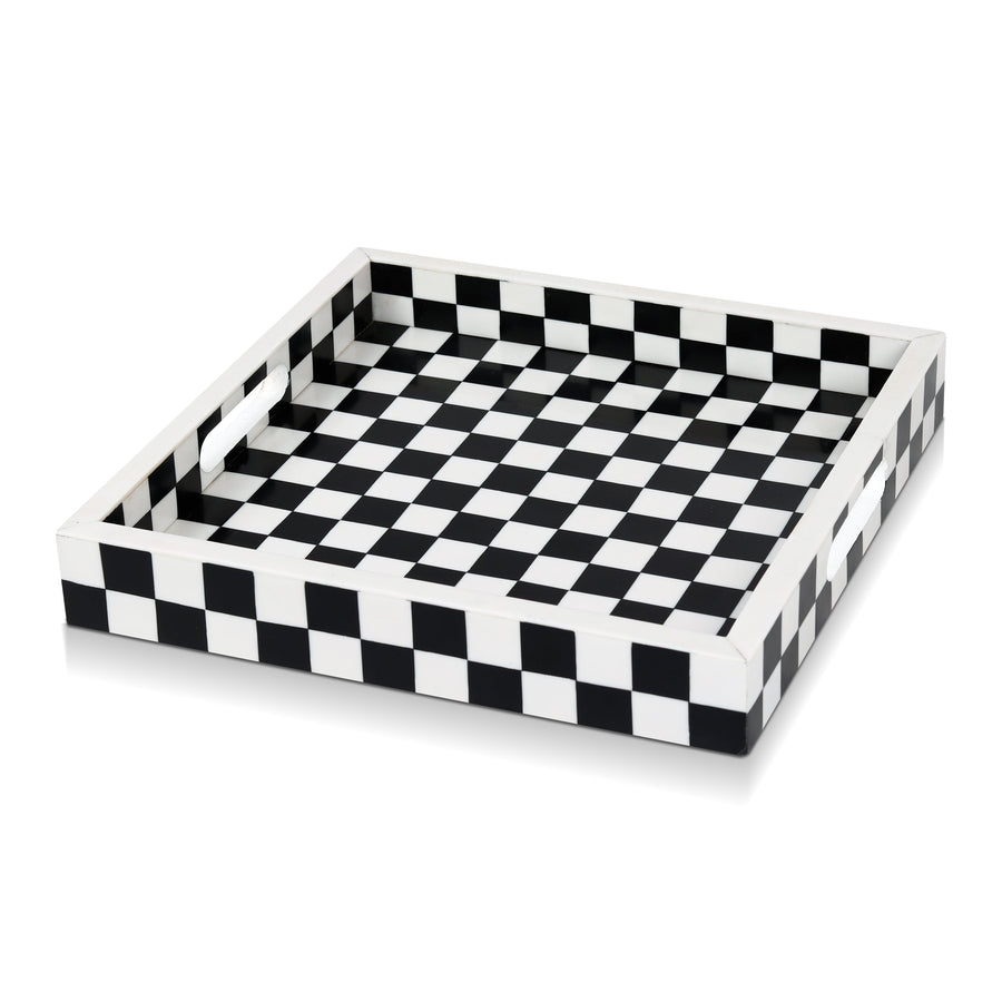 Illusion Check Black & White Inlay Tray — 12 × 12