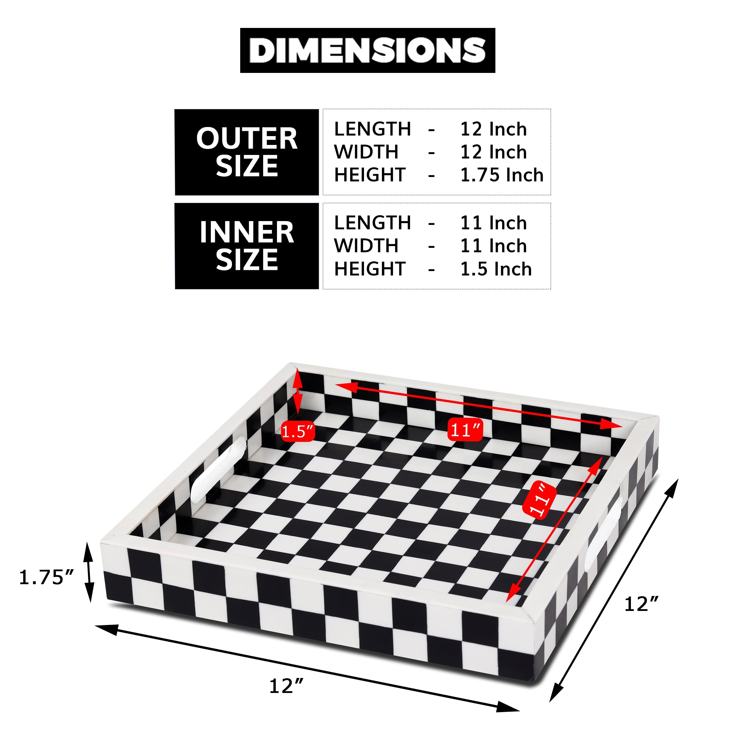 Decorative Tray 12x12 B&W Checkered Tabletop Home Decor Gift