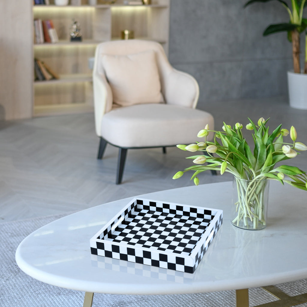 Decorative Tray 12x12 B&W Checkered Tabletop Home Decor Gift