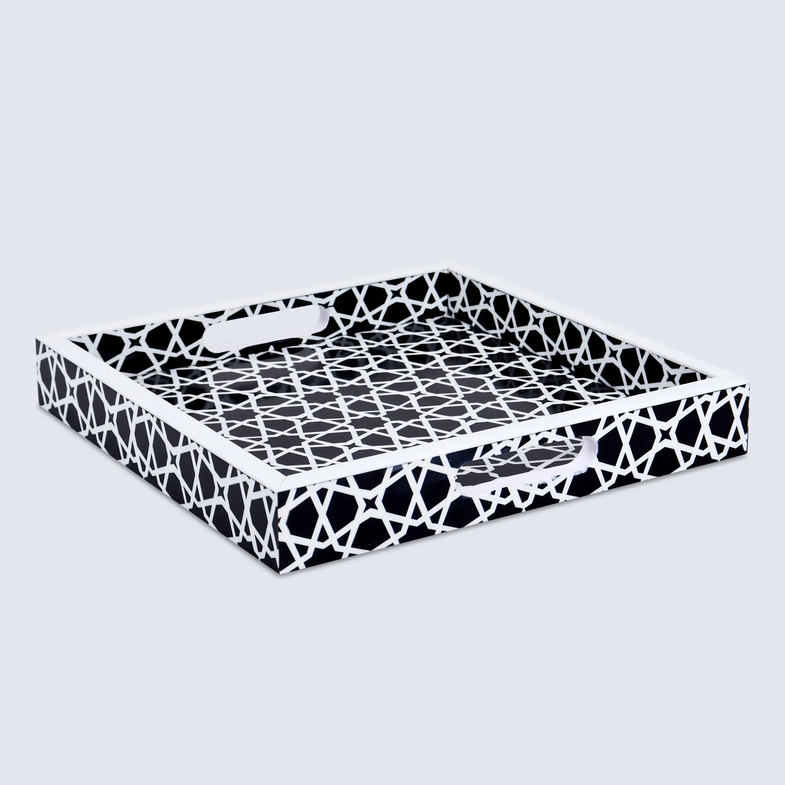 Decorative Tray Zellij Grande Black & White Resin Inlay, 11" × 17", 12" × 12"