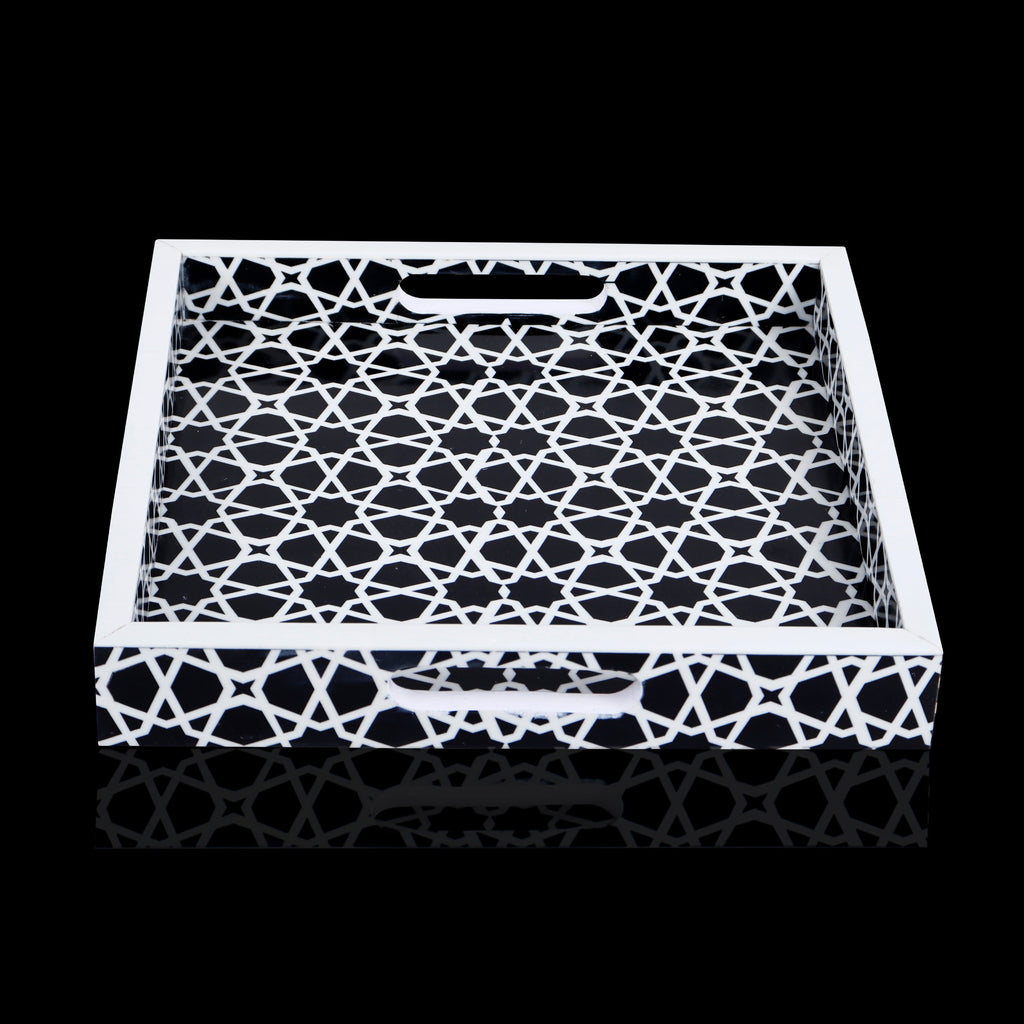 Decorative Tray Zellij Grande Black & White Resin Inlay, 11" × 17", 12" × 12"