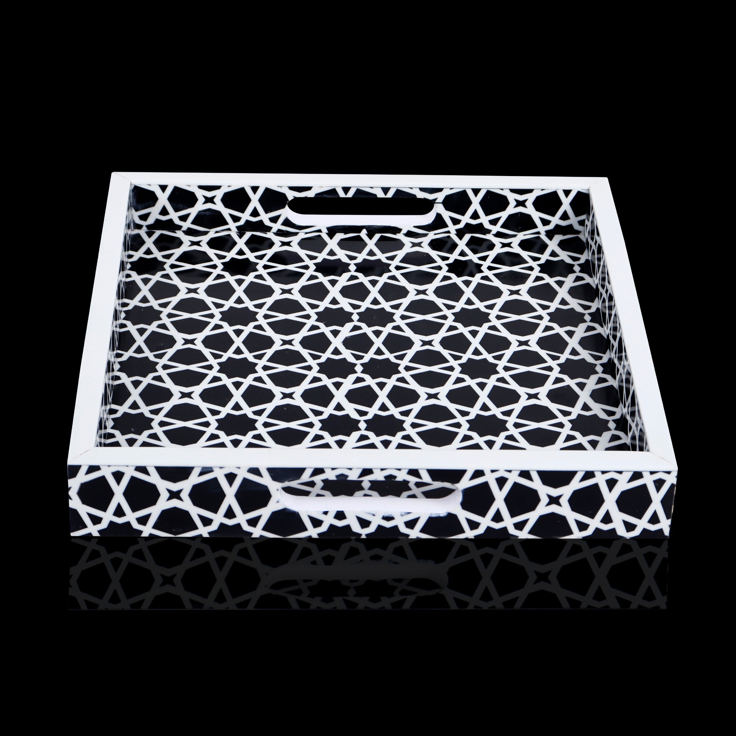 Decorative Tray Zellij Grande Black & White Resin Inlay, 11" × 17", 12" × 12"