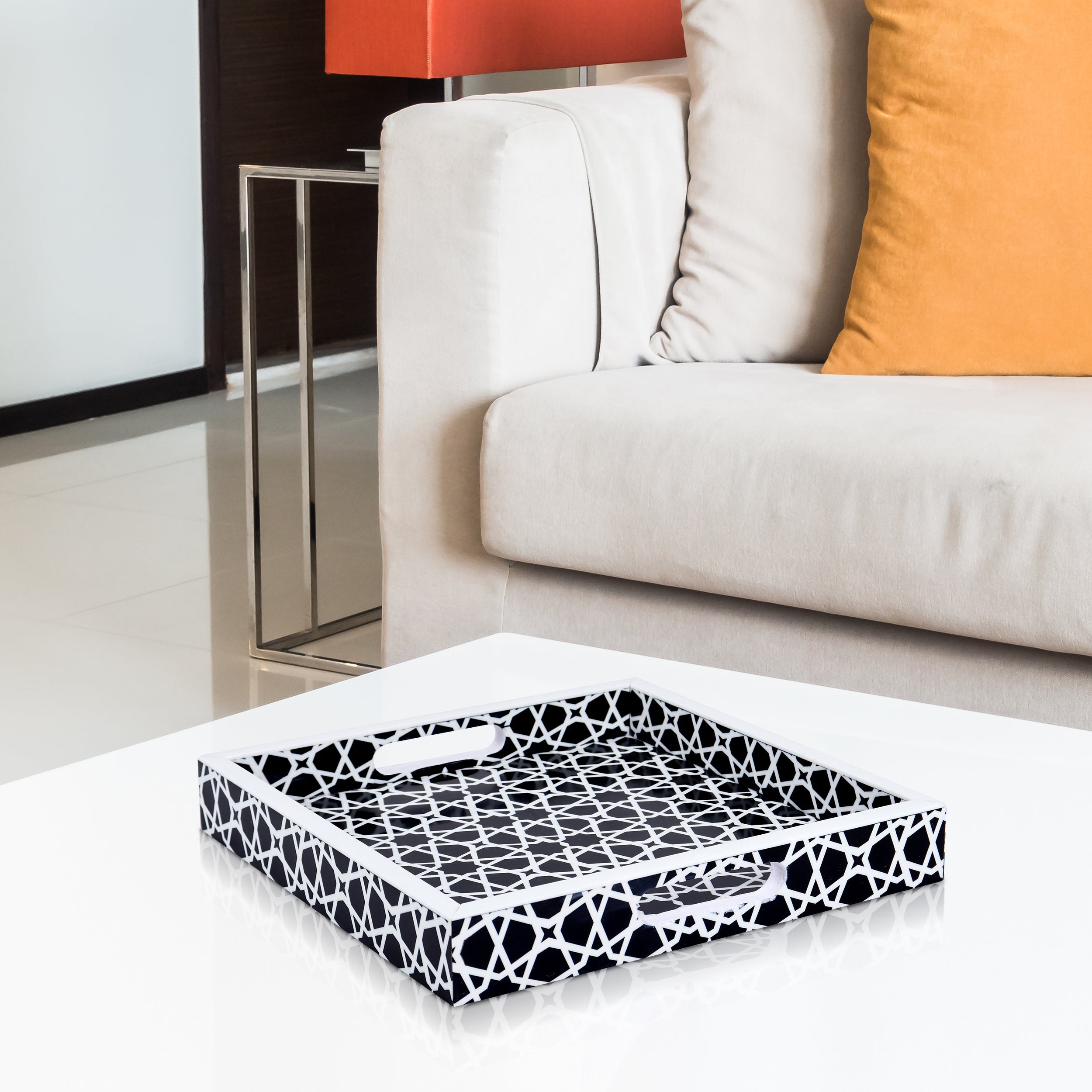 Decorative Tray Zellij Grande Black & White Resin Inlay, 11" × 17", 12" × 12"