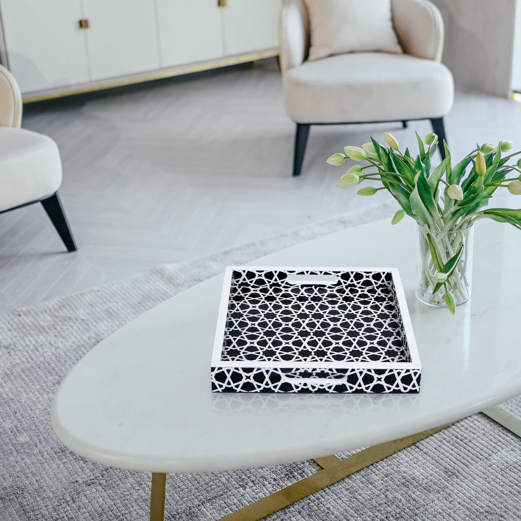 Decorative Tray Zellij Grande Black & White Resin Inlay, 11" × 17", 12" × 12"