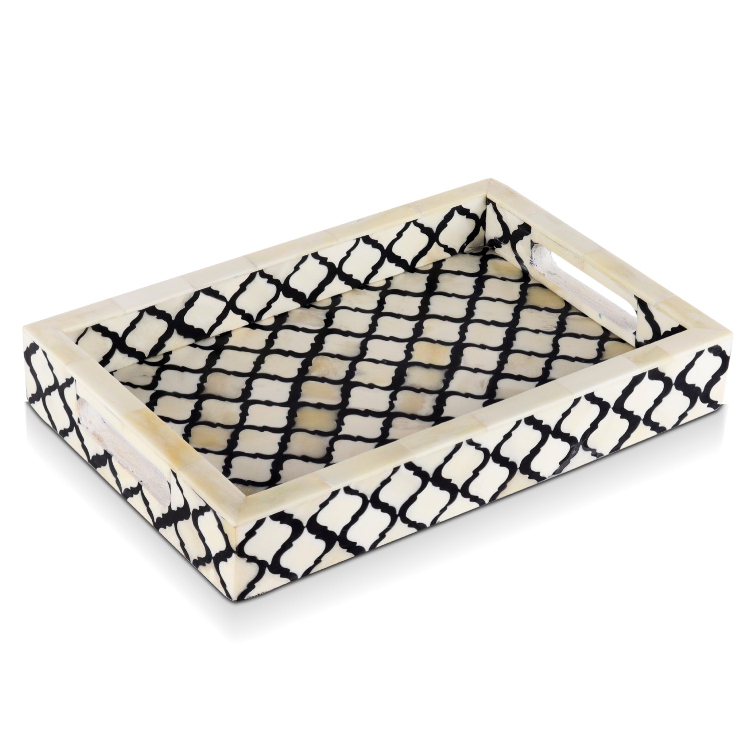 Decorative Tray Moroccan Pattern Bone & Resin Inlay, Black & White, 3 Sizes