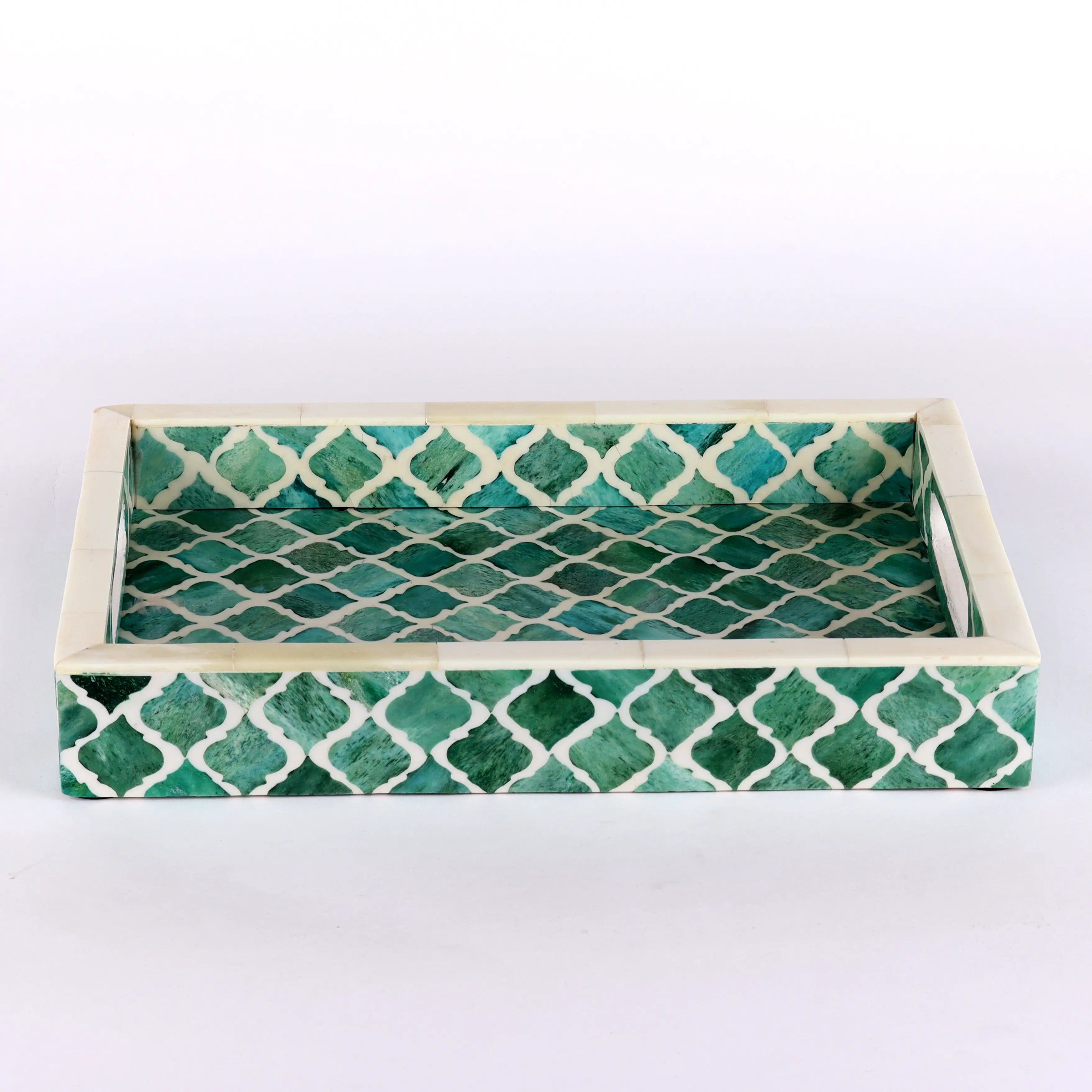 Decorative Moroccan Tray – Green & White Design, Available in 3 Sizes