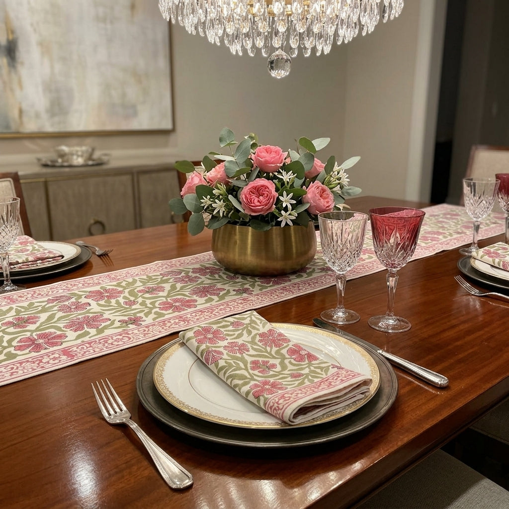 Dusty Rose & Sage Green Floral  Hand Block Printed Table 13 Pieces Linen Set