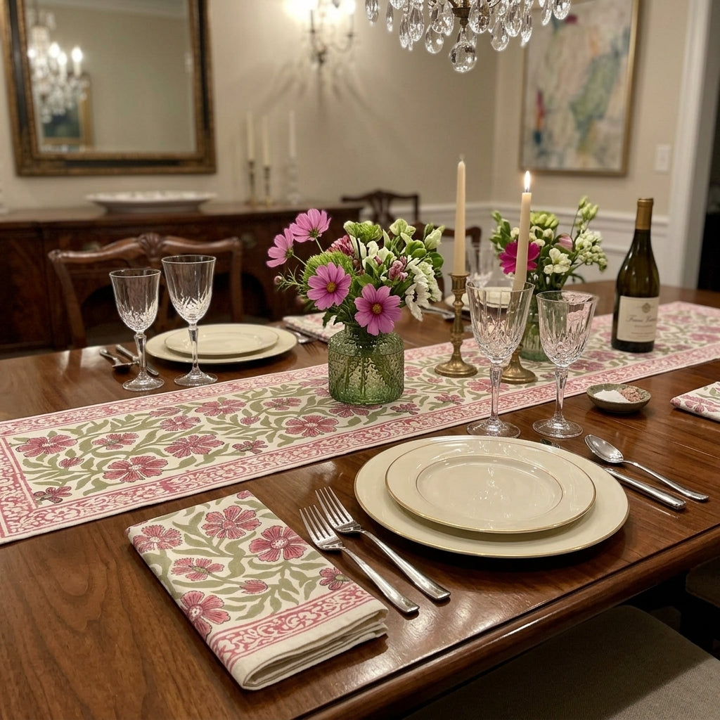 Dusty Rose & Sage Green Floral  Hand Block Printed Table 13 Pieces Linen Set