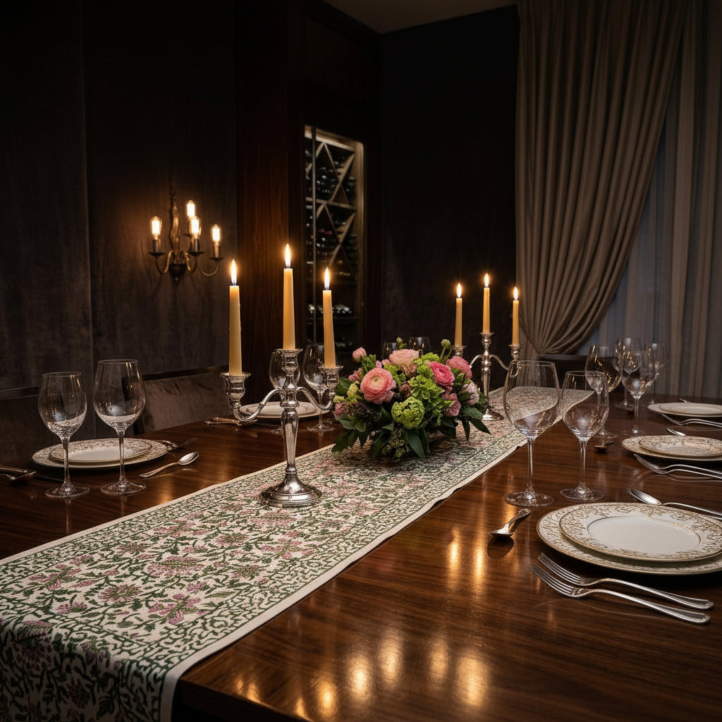Hand Block Printed Cotton Emerald Green & Pink All-Over 13 Pieces Floral Table Linen Set