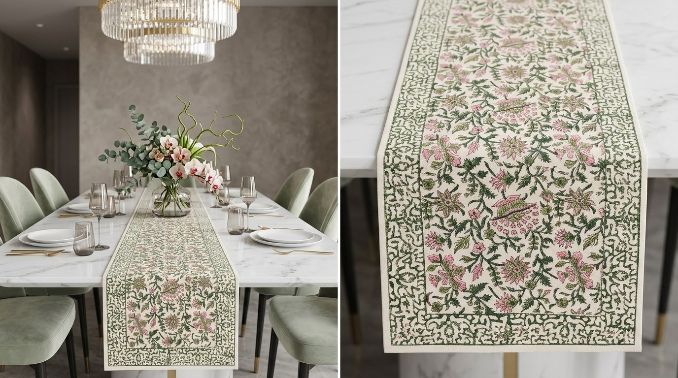 Hand Block Printed Cotton Emerald Green & Pink All-Over 13 Pieces Floral Table Linen Set