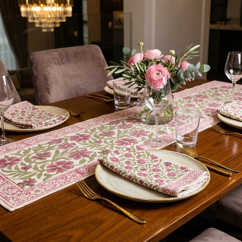 Dusty Rose & Sage Green Floral  Hand Block Printed Table 13 Pieces Linen Set