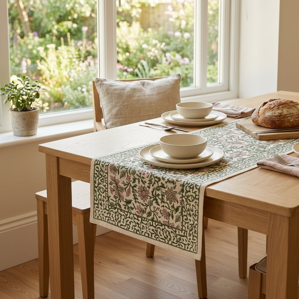 Hand Block Printed Cotton Emerald Green & Pink All-Over 13 Pieces Floral Table Linen Set