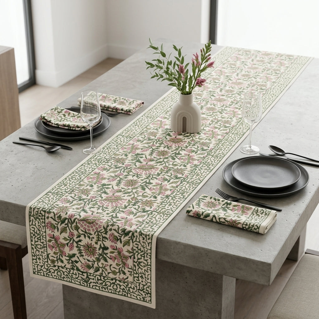 Hand Block Printed Cotton Emerald Green & Pink All-Over 13 Pieces Floral Table Linen Set