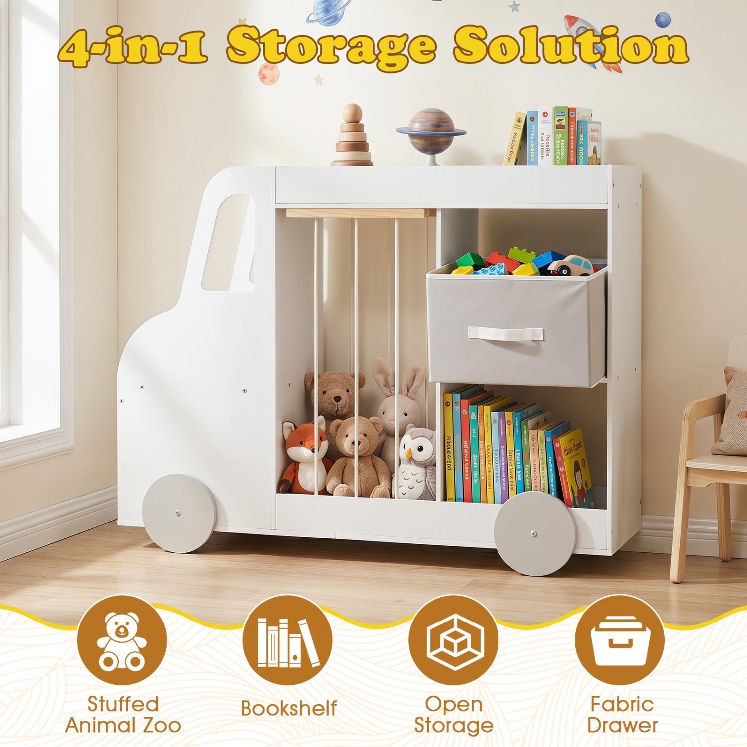 Kids Toy Storage Organizer with Wheels and Stuffed Animal Bin