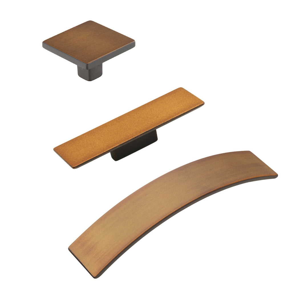 Distressed Bronze Drawer Pulls "Armand" Square Knobs and Curved Handles