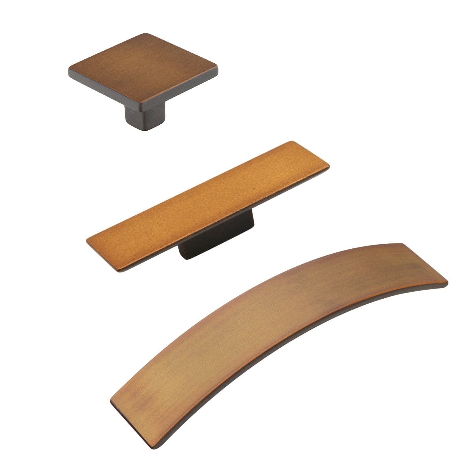 Distressed Bronze Drawer Pulls "Armand" Square Knobs and Curved Handles