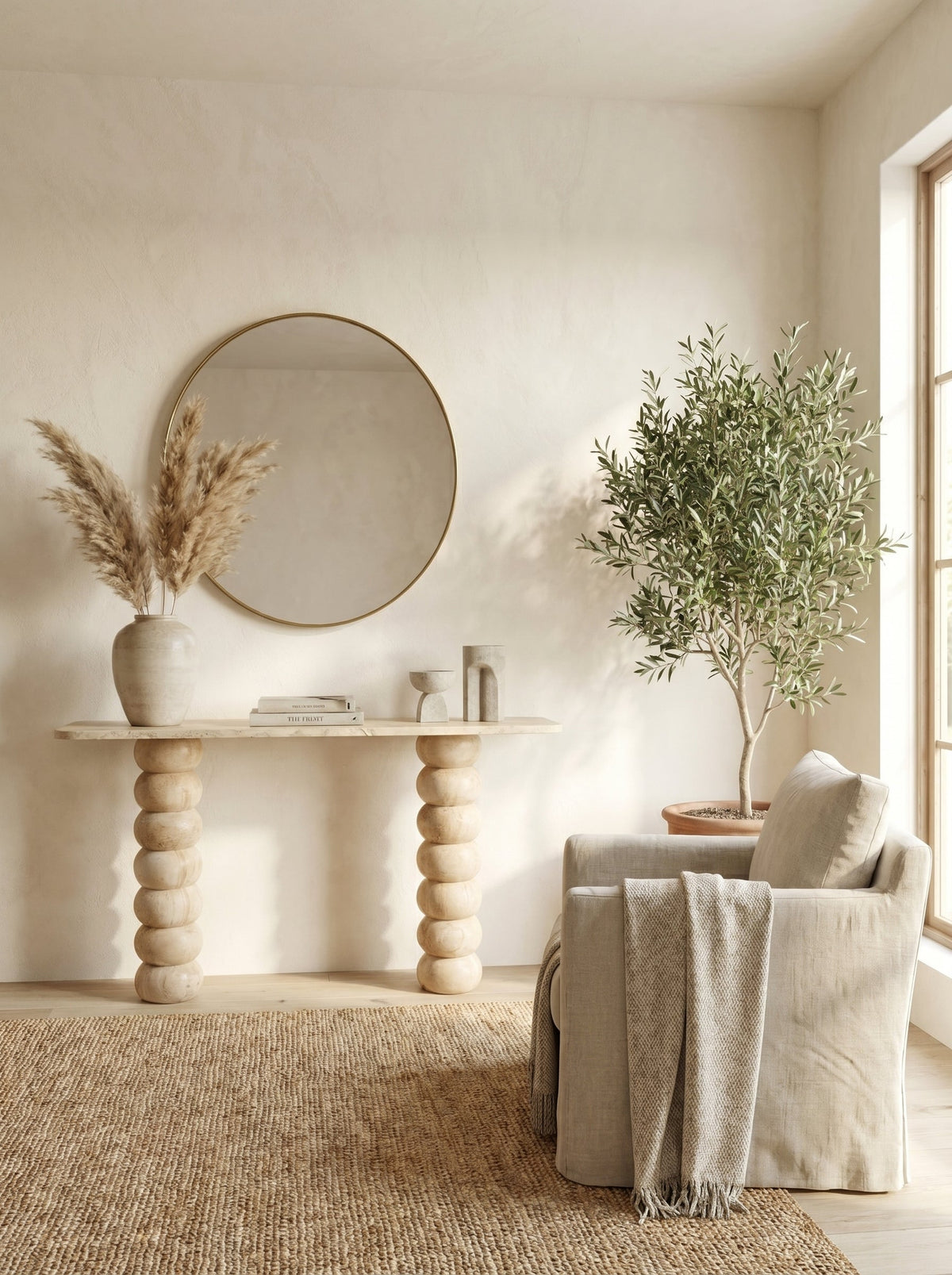 Light Travertine Natural Stone Designer Console Table - Premium Handcrafted Honed Finish