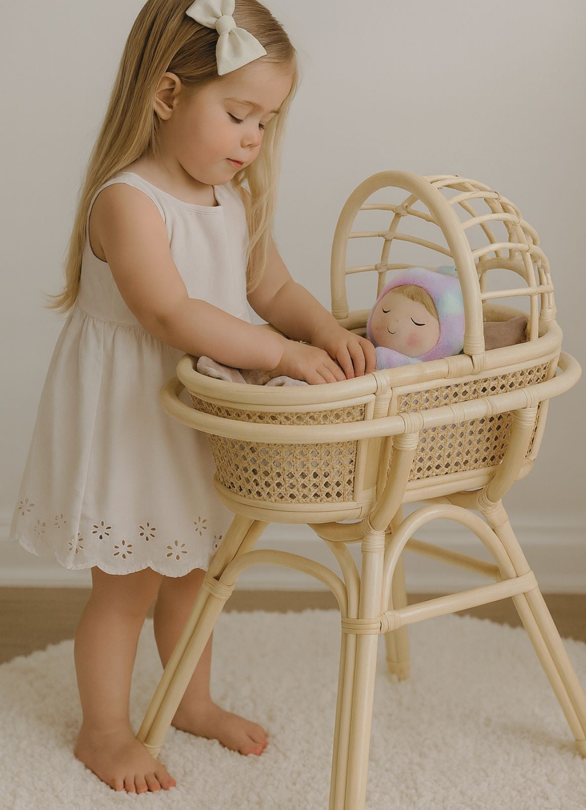 Handwoven Rattan Doll Bassinet with Stand
