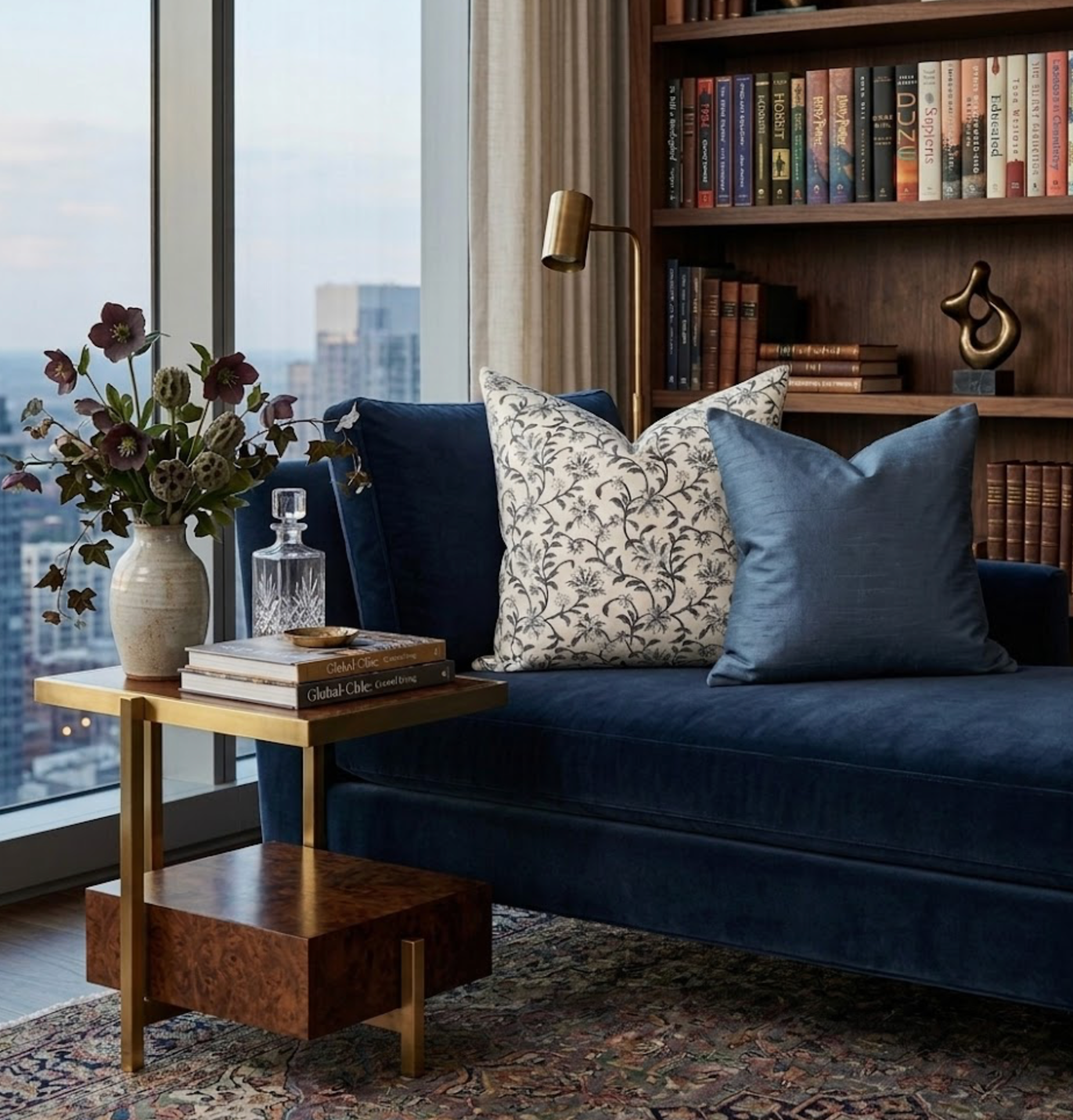 Vine Floral Print Pillow Cover in Indigo on Natural