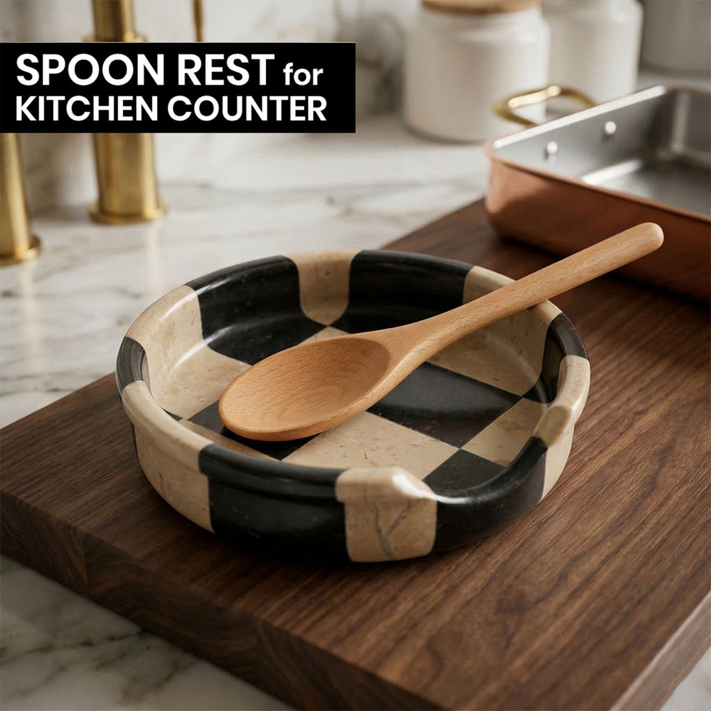 Verona Black Marble Spoon Rest - Checkered Design