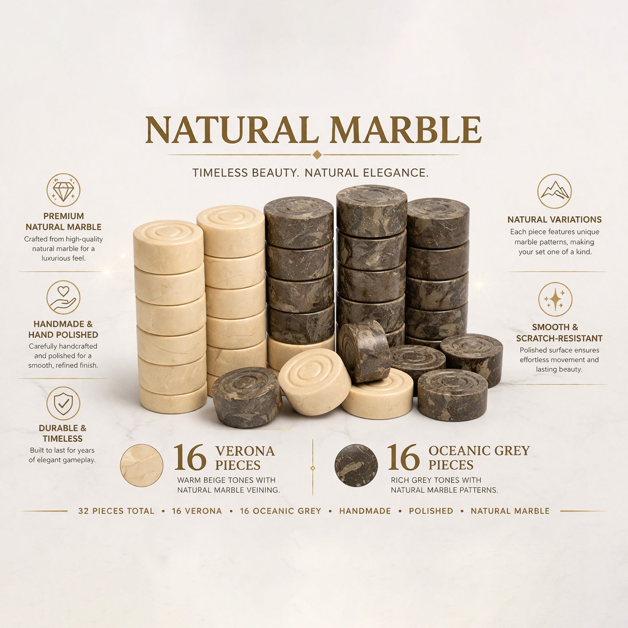 Verona and Oceanic Grey Marble Checkers Set - (32 Elegant Pieces)