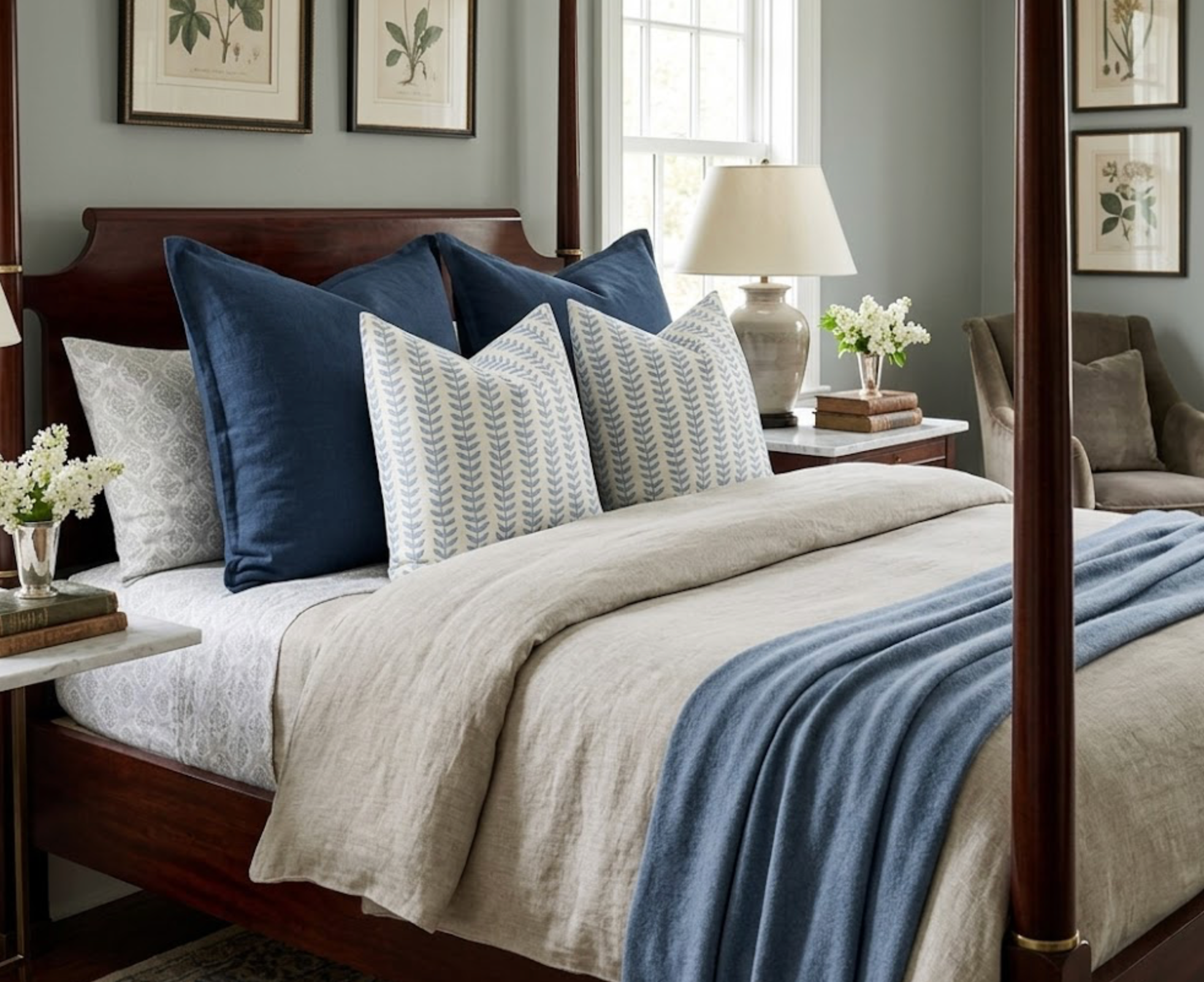 Willow Floral Linen Pillow Cover in Blue, Merika Meyer Textiles