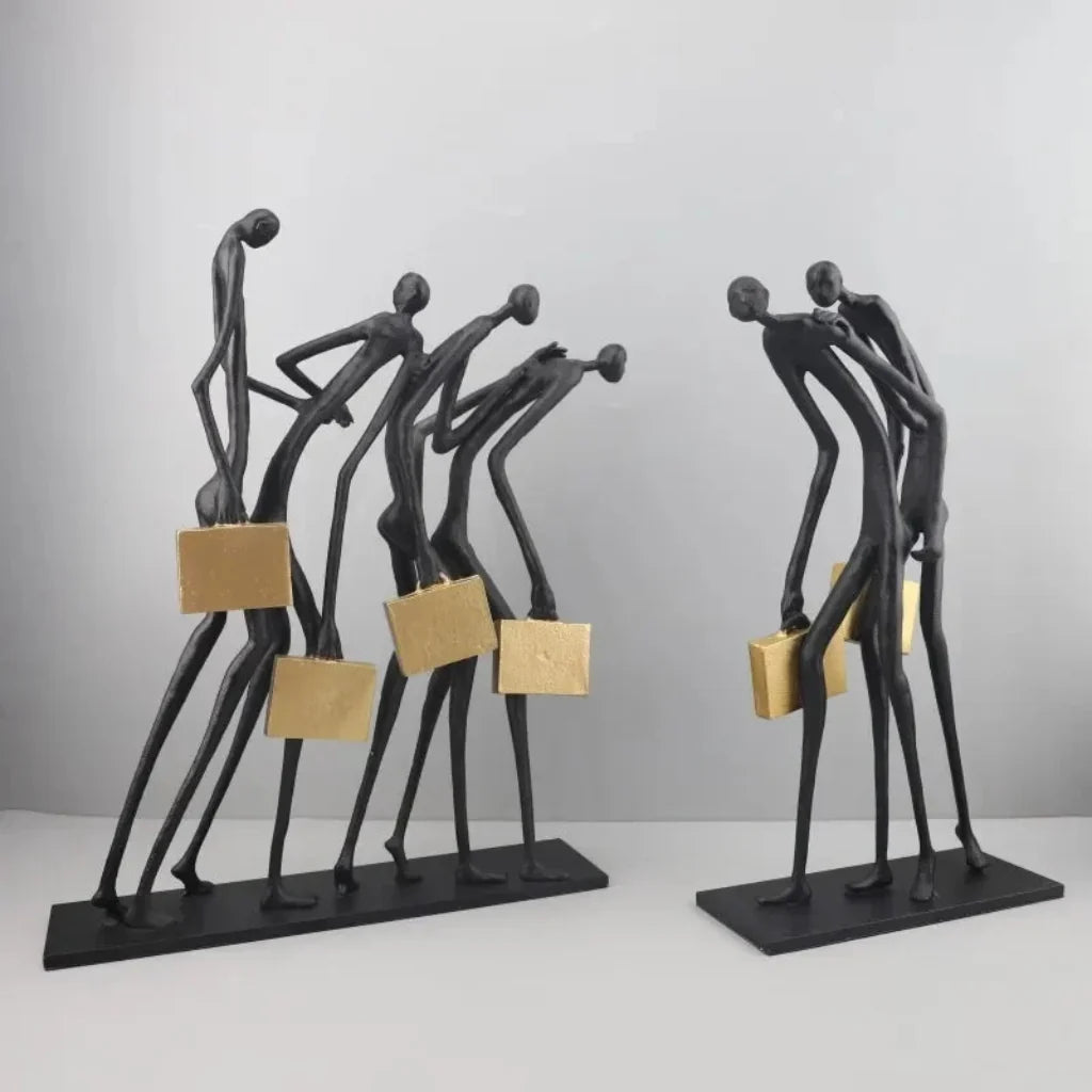 Walking Figures Sculpture with Gold Briefcases