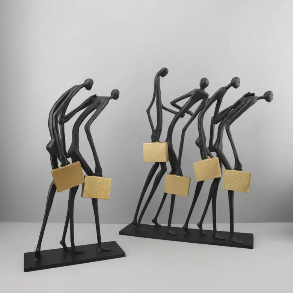 Walking Figures Sculpture with Gold Briefcases