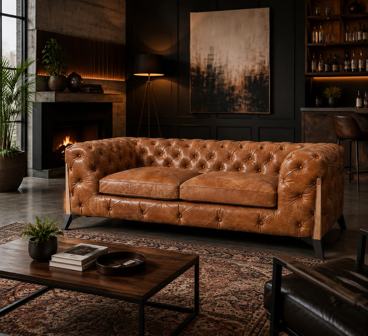 Olivia Contemporary Tufted Chesterfield Sofa - Light Brown Leather