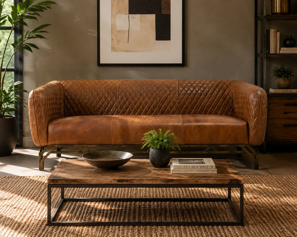 Vincent Industrial Modern Sofa - Light Brown Leather
