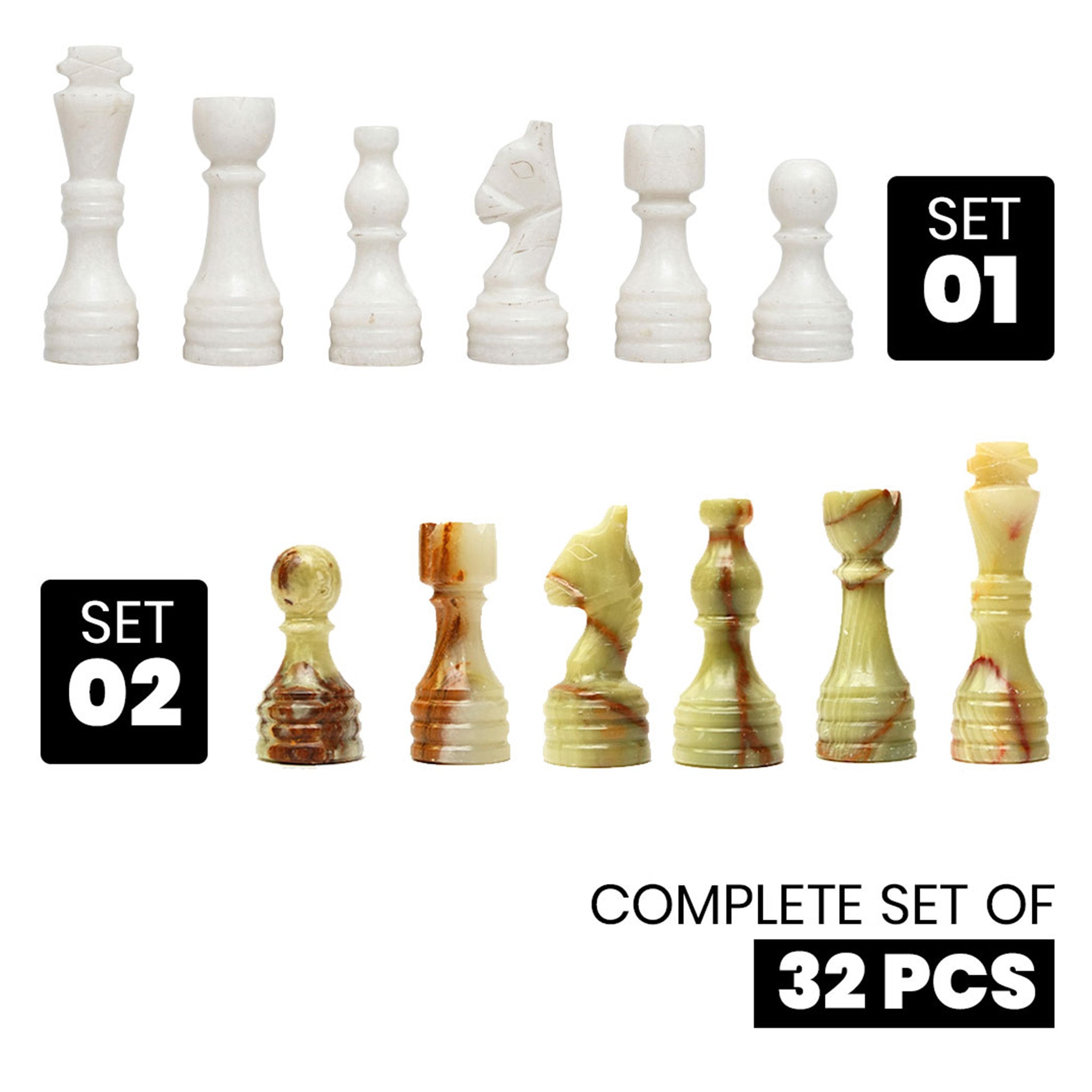 White Green Onyx Marble Chess Pieces for 12 to 16 Inches Board - Handmade (Pieces Only)