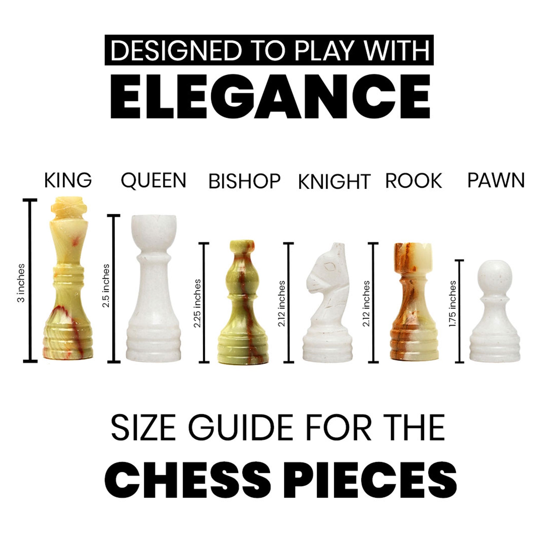 White Green Onyx Marble Chess Pieces for 12 to 16 Inches Board - Handmade (Pieces Only)