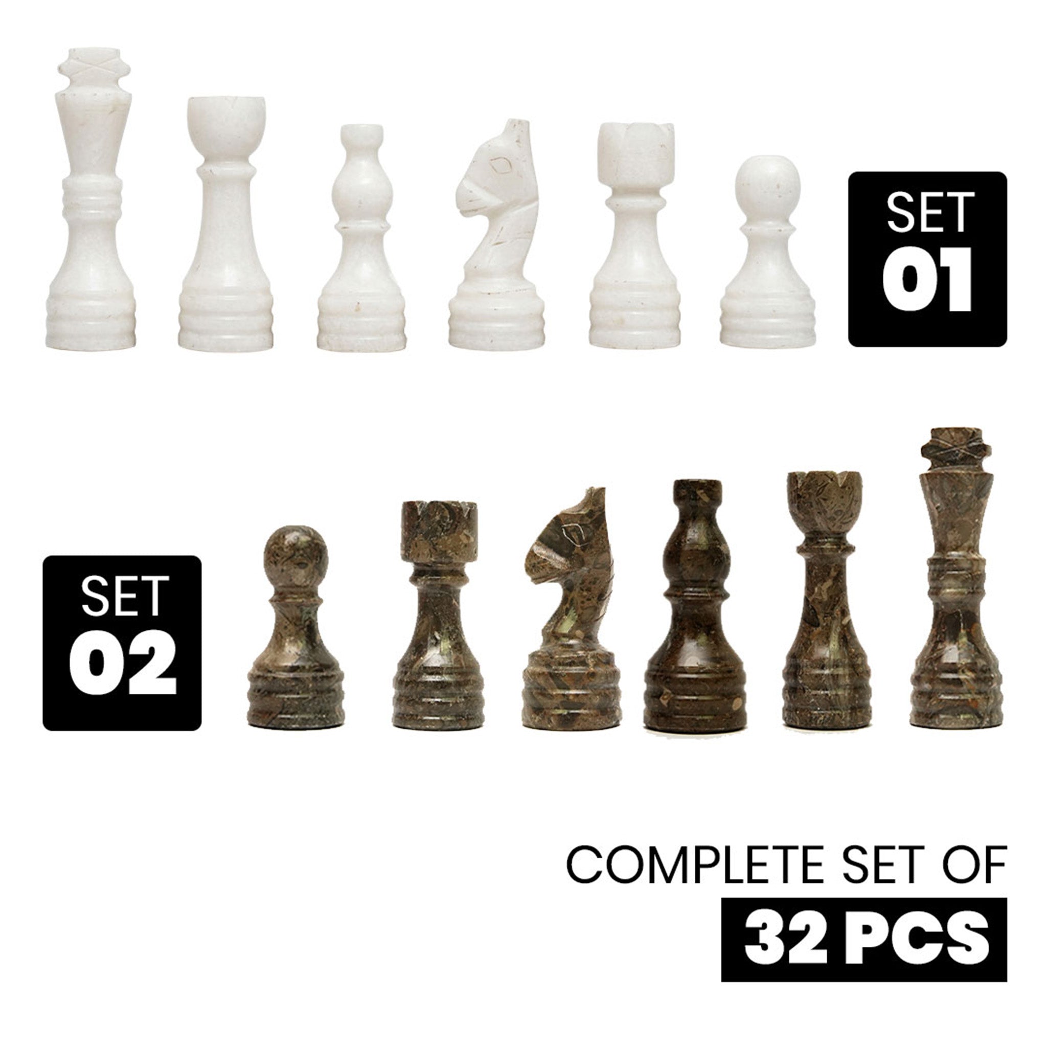 White Grey Marble Chess Pieces 12 to 16 Inches Board - High Quality Handmade (Pieces Only)