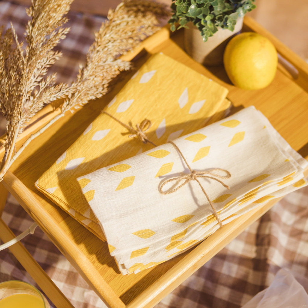 Terra Linen Table Napkins — White & Mustard, Set of 2