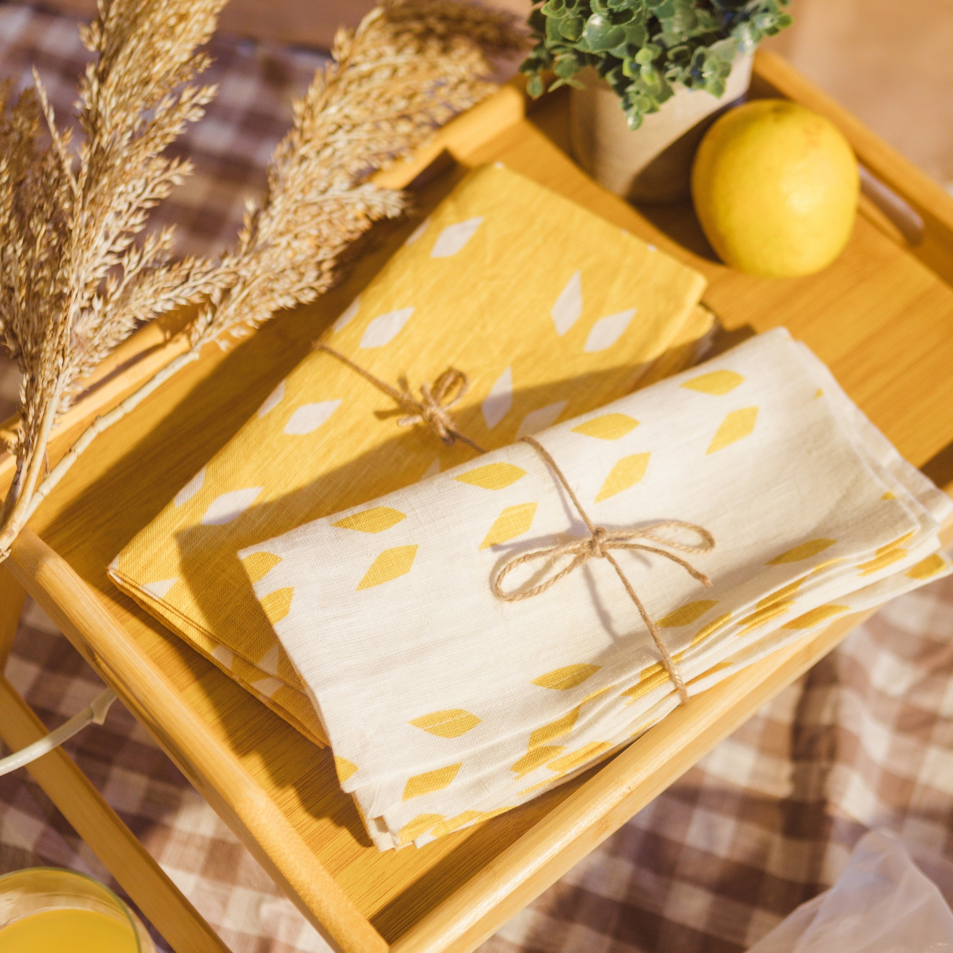 Terra Linen Table Napkins — White & Mustard, Set of 2
