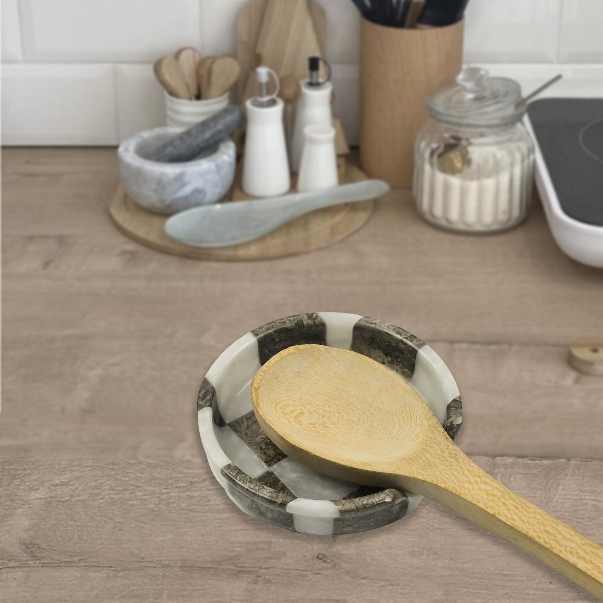 White and Grey Marble Spoon Rest - Checkered Style