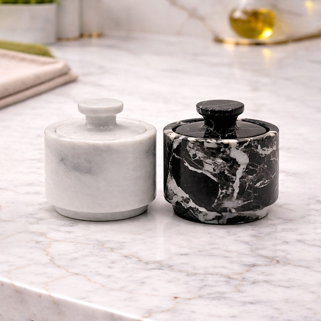White and Black Zebra Marble Salt Cellar with Lid – 2 Pack