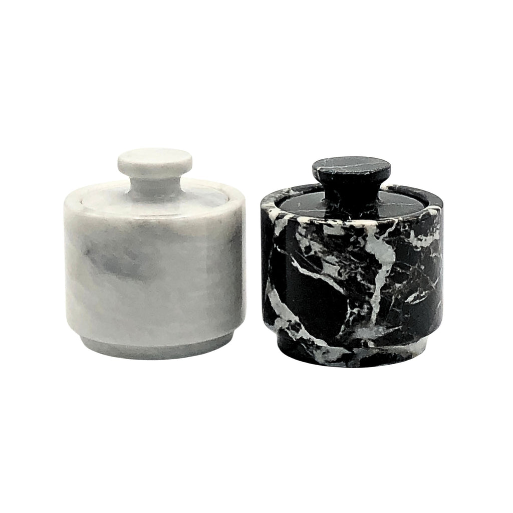 White and Black Zebra Marble Salt Cellar with Lid – 2 Pack