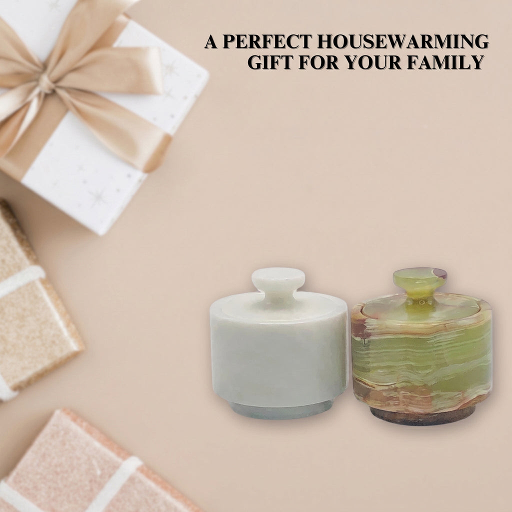 White and Green Marble Salt Cellar with Lid – 2 Pack Set