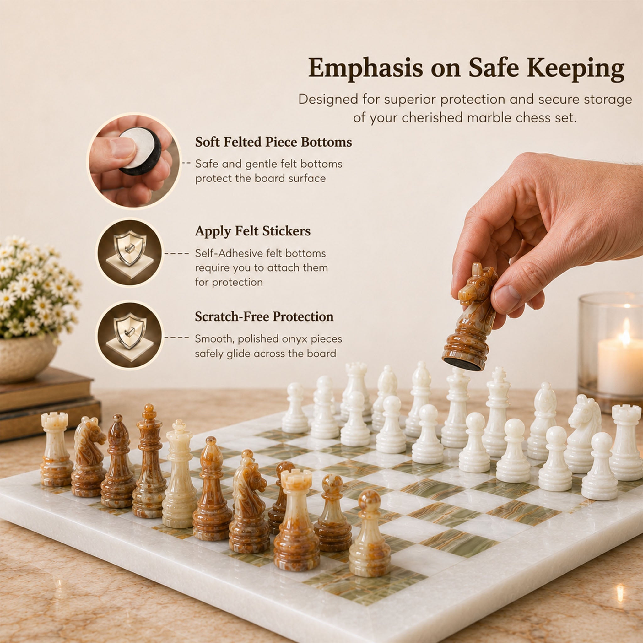 White and Green Onyx Marble Chess Set 15 Inches | Handcrafted Natural Stone