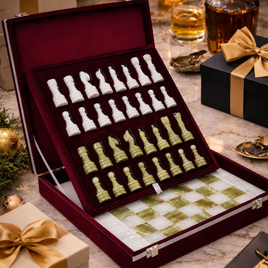 White and Green Onyx Marble Chess Set 15 Inches | Handcrafted Natural Stone