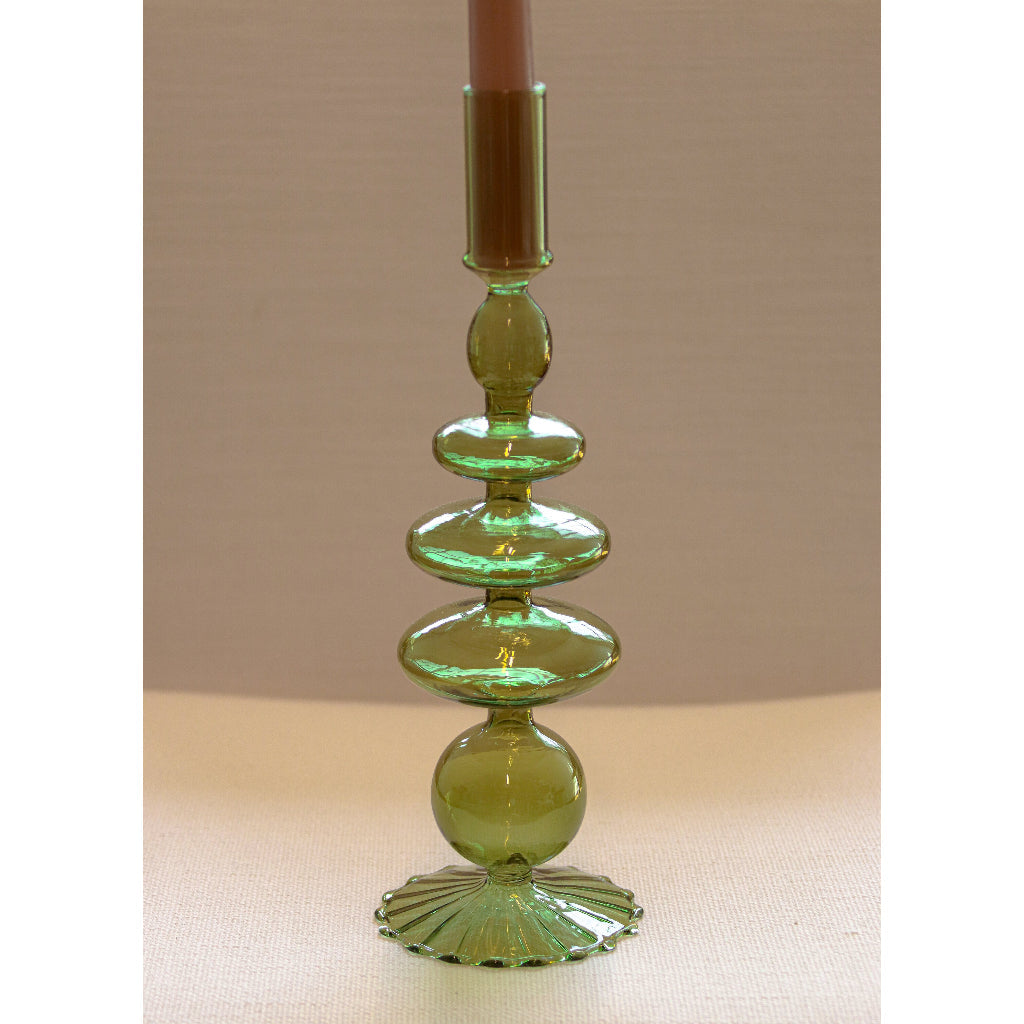 Willow Green Glass Candle Holders - Pair