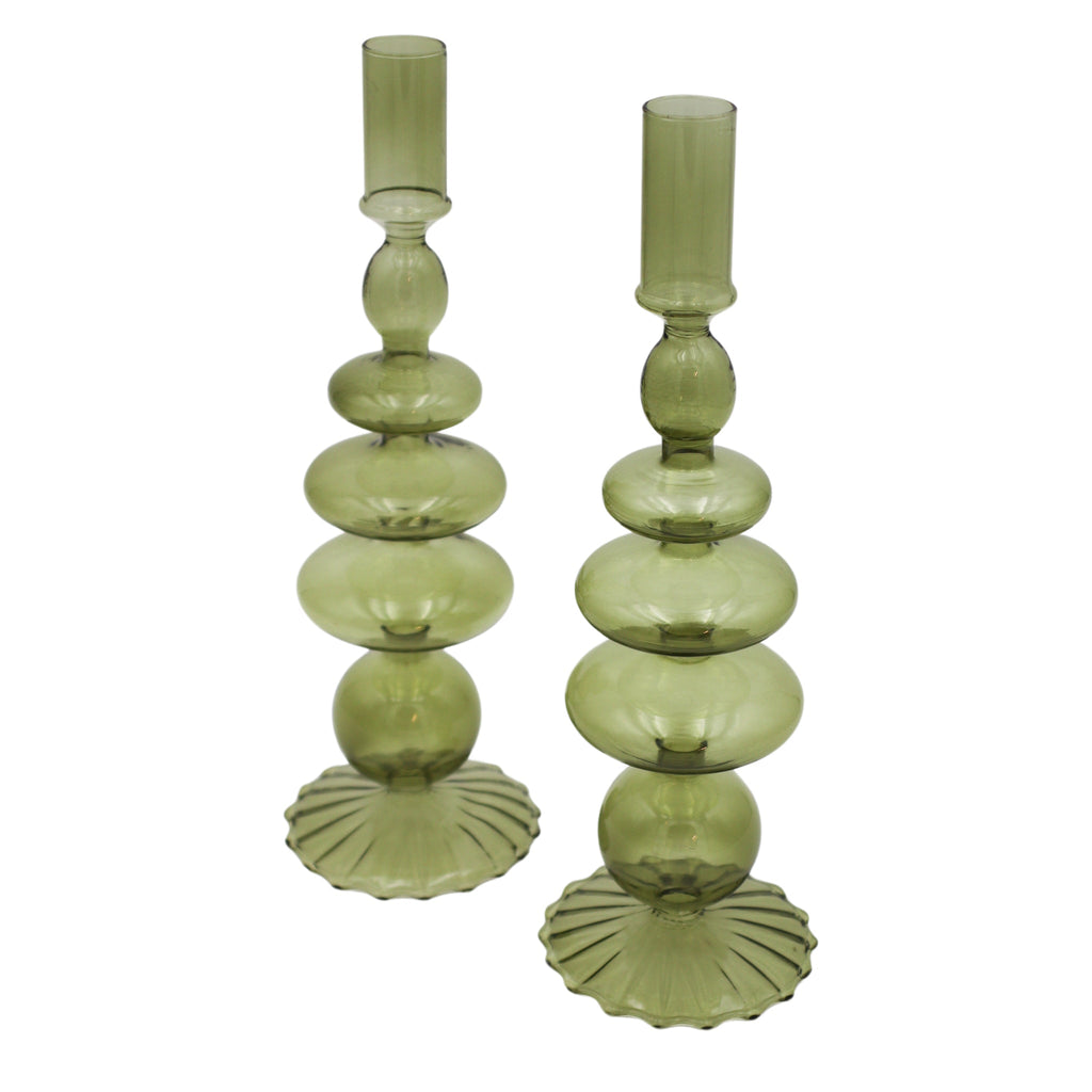 Willow Green Glass Candle Holders - Pair